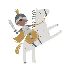 Vector illustration of cute knight on horseback t in armor with a sword. Horse. Medieval warrior, hero. Prince, king. Children's illustration. A little knight. Isolated on white. Baby boy.