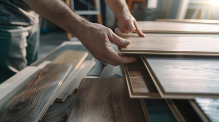Obraz premium designer choosing flooring and furniture materials from samples for home interior design project : Generative AI