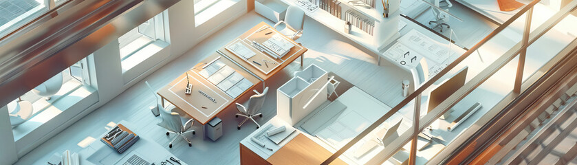 Fototapeta premium Urban Architecture Firm Floor: Featuring drafting tables, scale models, design libraries, and architects collaborating on blueprints.
