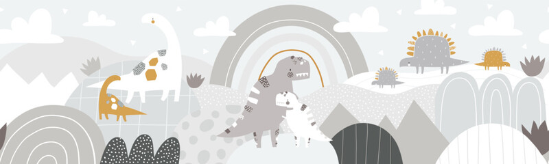 Vector cute seamless pattern with dinosaurs, mountains, rainbow and clouds. Jurassic period. Mountain landscape. Kids dino wallpaper. Children's horizontal poster. Horizontal repeating banner. Boho. © ZHUKO