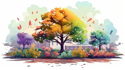 schoolyard tree planting flat design front view educational project theme water color vivid