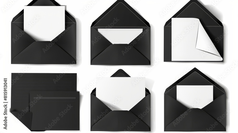 Poster set of black envelopes template, blank craft paper covers with different sizes, letter pack with whi