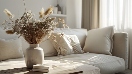 Interior design of stylish living room with modern neutral sofa furniture mock up poster farmes dried flowers in vase coffee tables decoration and elegant personal accessories in home  : Generative AI