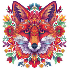 Design an illustration of the head of a fox with symmetrical patterns and elements, surrounded by floral motifs