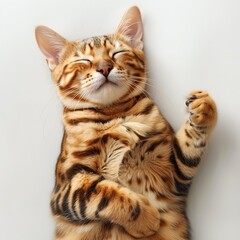 Overhead view of a Bengal cat sprawled out, enjoying relaxation, white scene