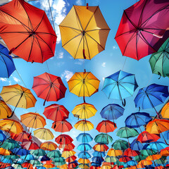 Obraz premium Opened umbrellas in the sky. Urban decoration. Bottom view. Colorful umbrellas background.