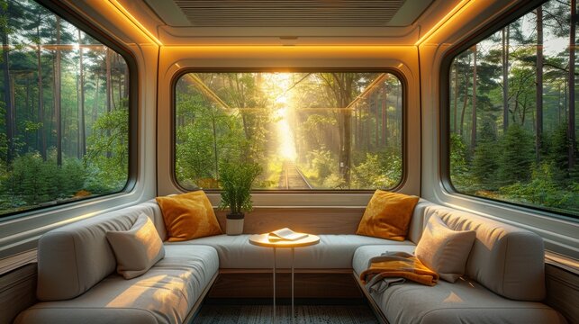 eco train travels, conveniently empty train carriages offer spacious seating and large windows for eco-friendly travel, allowing scenic views of passing countryside