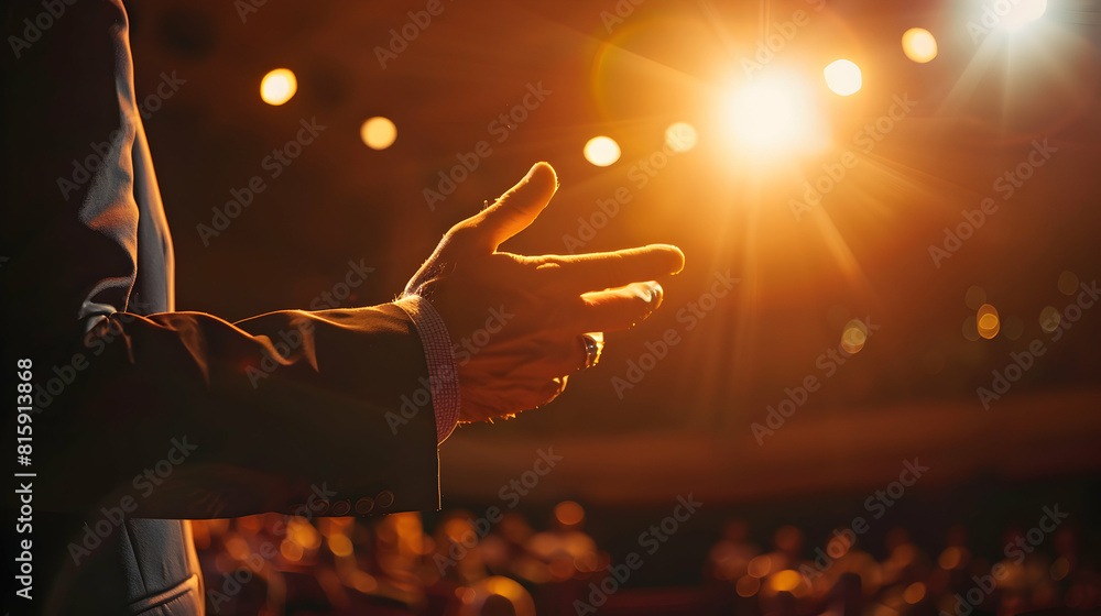 Poster confident speaker with dynamic gestures in business presentation positive body language and communic