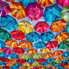 Obraz premium Opened umbrellas in the sky. Urban decoration. Bottom view. Colorful umbrellas background.