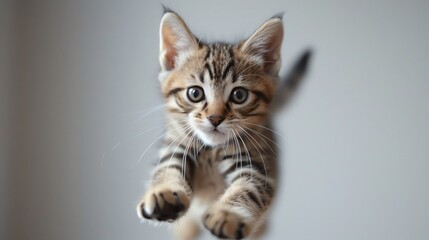 Obraz premium Playful Bengal kitten leaping, captured in mid-air, clean white setting