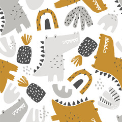 Vector seamless pattern with cute crocodiles, fruits and rainbows on a white. Print for kids with African animals. Hand drawn jungle tropical texture for fabric, children's clothes, textiles.