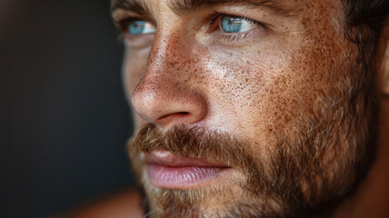Close-up of a freckled man with blue eyes and a beard.