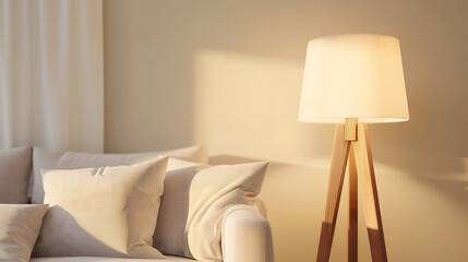 modern living room design with sofa and wooden lamp : Generative AI