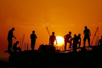 Fototapeta premium Silhouette of construction workers during sunset