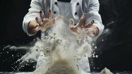 Chef making white flour dust explosion for baking - captured in stop motion photography