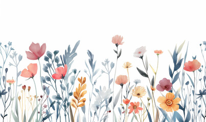 Watercolor wildflower border, pastel colors, simple design, white background, minimalistic, in the style of simple