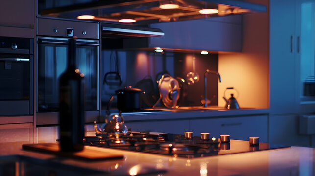 Luxury kitchen with the counter and stoves under lights near chimney : Generative AI