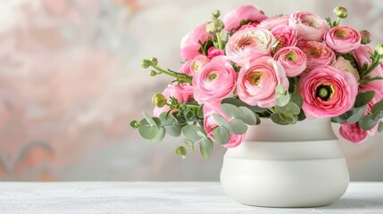Fototapeta premium Vibrant pink ranunculus bouquet in a white pot, perfect for interior design and festive occasions.