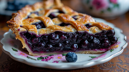 A slice of blueberry pie on a decorative plate with a floral design.