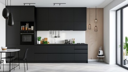 Modern kitchen with black cabinets, white countertops, and natural light, ideal for sleek and functional cooking spaces.
