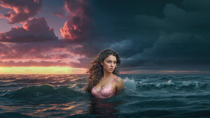 A beautiful girl swims in the ocean.
