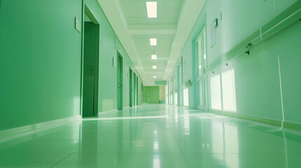 Interior of empty white hallway in modern bright hospital with green walls : Generative AI