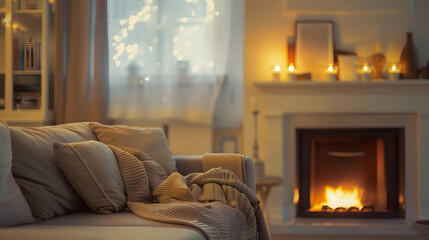the interior of a bright comfortable living room with a sofa in the fireplace : Generative AI