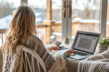 Woman works from home, wrapped in a knit throw, with a view of a snowy landscape