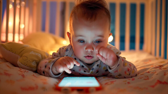 un b&eacute;b&eacute; hypnotis&eacute; par un t&eacute;l&eacute;phone portable qu'il regarde dans son lit
