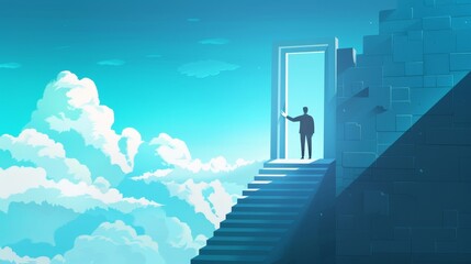 Modern banner with businessman climbing up the ladder and choosing between easy and hard doors. Career development, ladder to success, business and finance achievement, work solution Cartoon modern