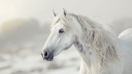 Obraz premium Majestic white horse in a misty setting, ideal for animal themes or cinematic projects.