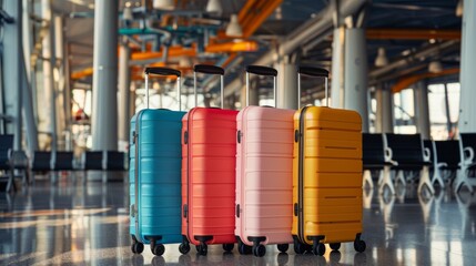 Product photo of several colorful suitcases at the airport in country style 