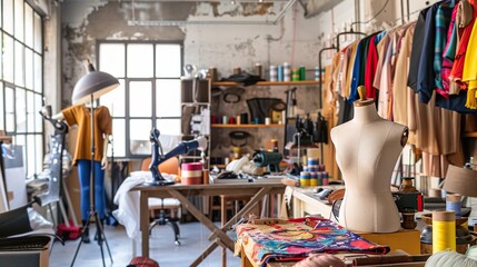 Fashion designer studio room with various interior sewing goods, fabrics and standing mannequins in a clean room