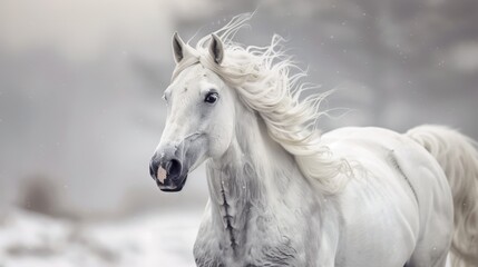 Obraz premium Majestic white horse in a misty setting, ideal for animal themes or cinematic projects.