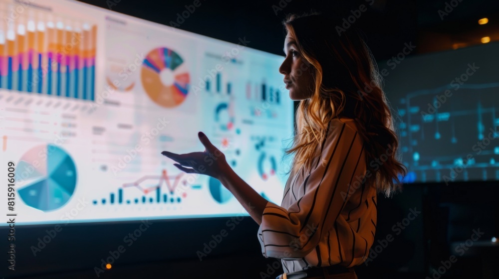 Poster a woman presenting a compelling infographic on a large screen, engaging an audience with data-driven