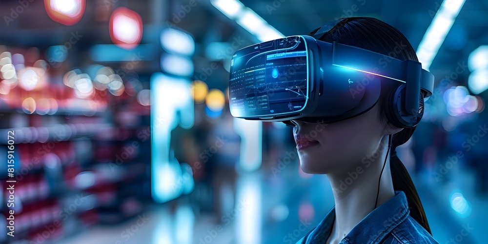 Poster futuristic virtual reality experience simulates interactive digital marketplace for modern e commerc