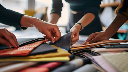 Professional interior designers working together on a project in their office they are checking fabric swatches and picking the right color palette hands close up : Generative AI