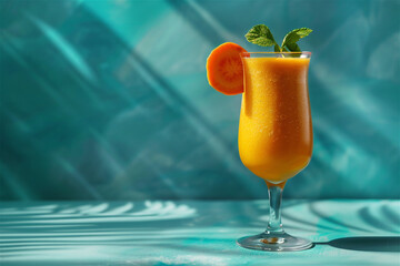 A carrot smoothie.  Fresh carrot juice served in glass  with palm leaf shadows at the background. Healthy eating, detox food, dieting and vegetarian concept