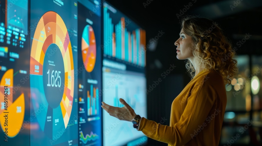 Poster a woman presenting a compelling infographic on a large screen, engaging an audience with data-driven