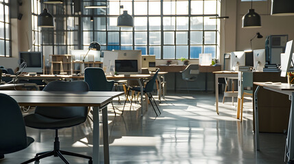 Modern office space with tables and chairs computers and office supplies with no employees : Generative AI