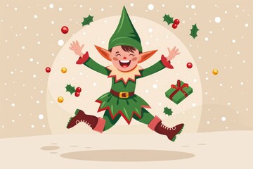 Joyful Christmas elf in a festive outfit, perfect for seasonal greeting cards and decorations.