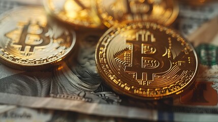 Bitcoin currency and dollar. BTC market symbol cryptocurrency rising above the united states dollar. Gold metal bitcoin on top of paper currency. Copy space for text and wording.