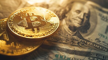 Bitcoin currency and dollar. BTC market symbol cryptocurrency rising above the united states dollar. Gold metal bitcoin on top of paper currency. Copy space for text and wording.
