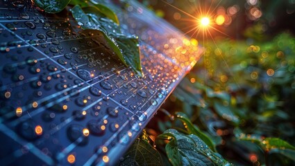Macro water droplets on leaves and circuit board, mixing technology concept with nature. Vibrant colors, sun rays, and bokeh create an abstract, artistic effect.
