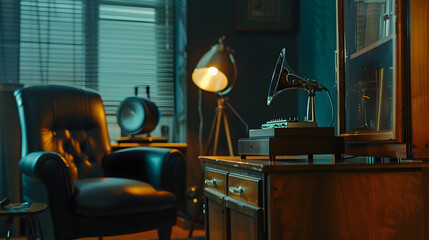 Fototapeta premium A gramophone on wooden cabinet and black chair in dark retro room interior : Generative AI
