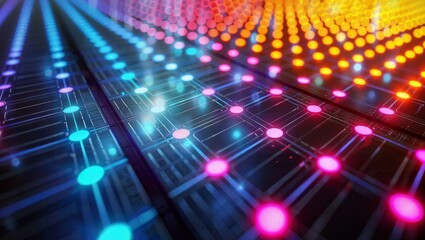 The image depicts a dynamic, futuristic digital landscape with glowing nodes and circuits, representing the interconnected world of technology and data. The vibrant blue, pink, and yellow hues.