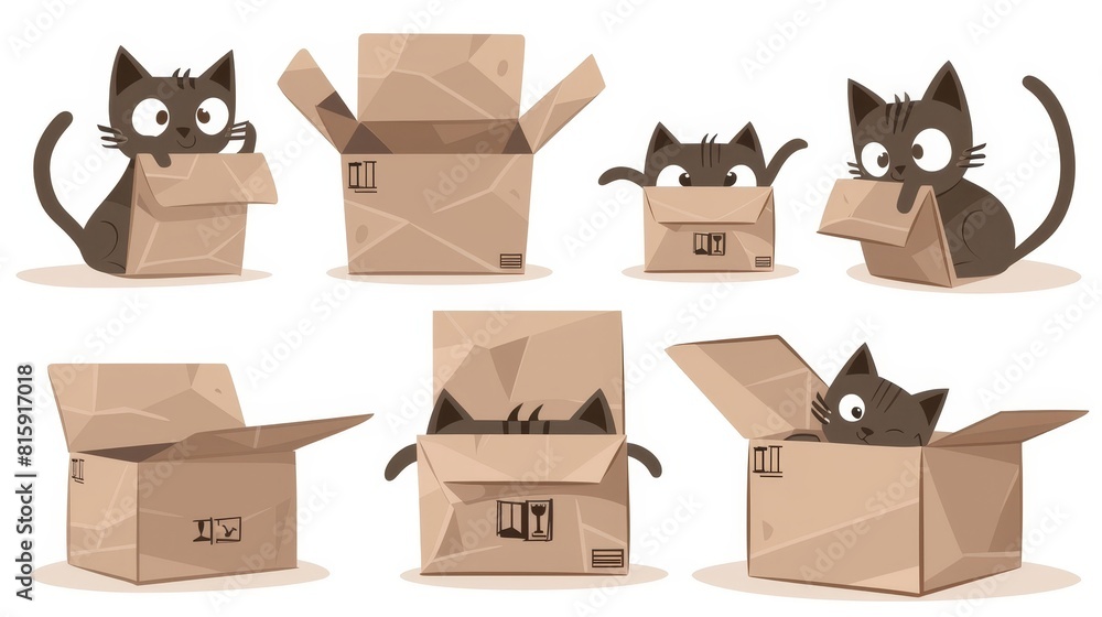 Poster different shapes of brown cardboard boxes isolated on white background. a modern cartoon set of open