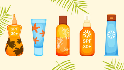 A set of tanning and sun protection products in a modern trendy style. Vector illustration. Isolated. Doodle and hand drawn. Items for summer, sea and beach.