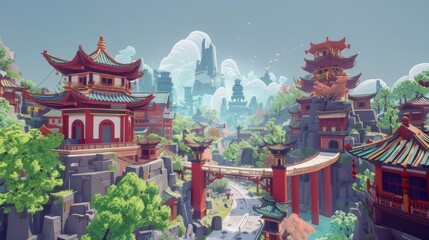 Naklejka premium Stylized chinese city, stylized unreal engine environment.