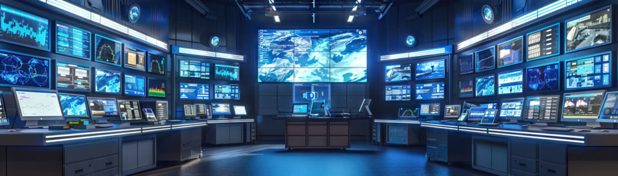 Crisis Response Command Center Floor: Featuring large display screens showing real-time data, communication hubs for coordinating emergency responses, and a command table for decision-making.